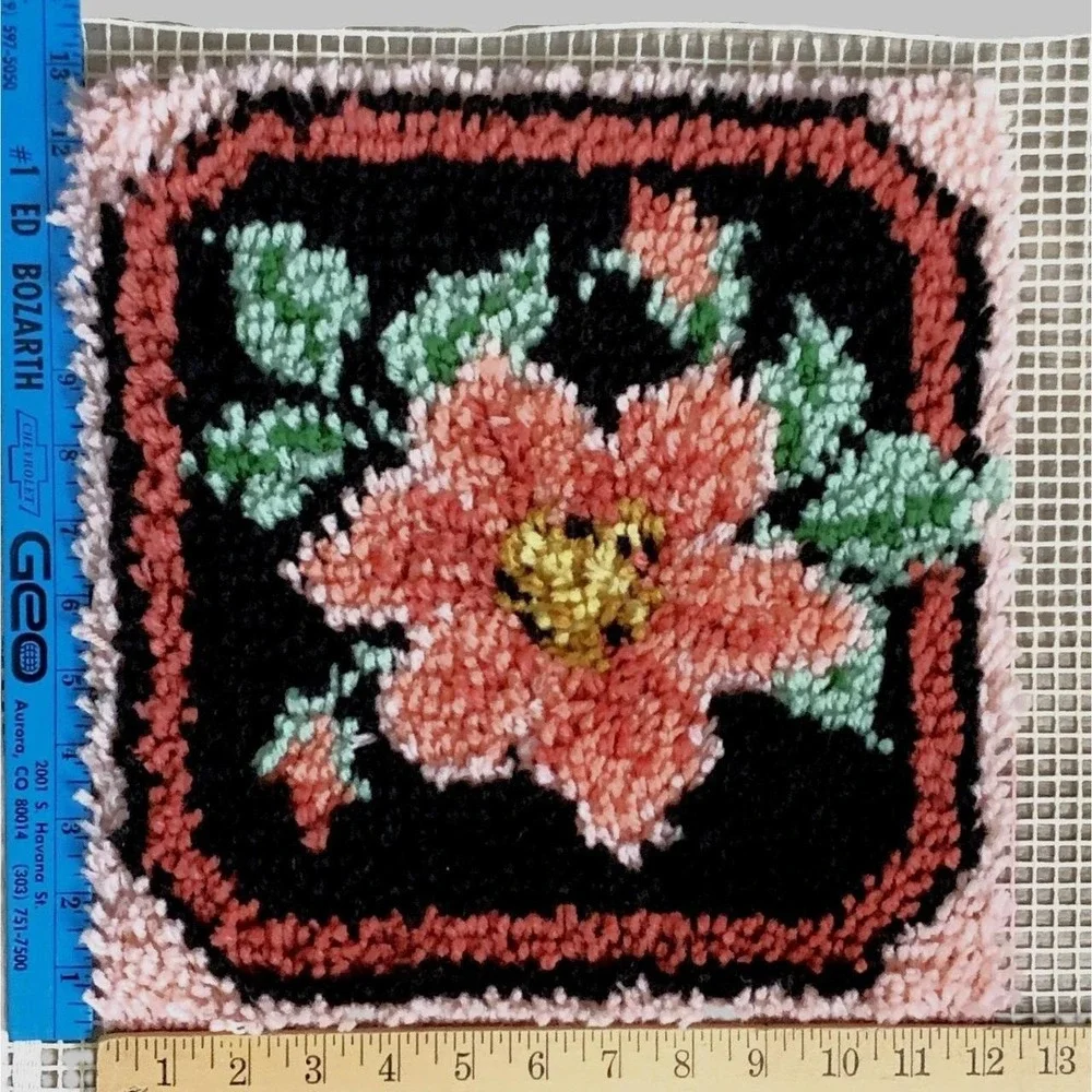 Vtg Pink Floral Completed Latch Hook Wall Hanging Mat Pillow Stool Cover 12